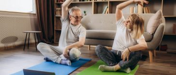 Meditation, senior couple and tutorial exercise for workout, training and health for wellness
